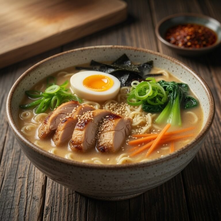 A bowl of miso chicken ramen topped with sliced chicken thigh, a halved soft-boiled egg, pak choi, spring onions, carrot and nori, with a dish of chilli crisp alongside