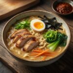 Close-up of a bowl of miso chicken ramen showing the creamy broth, sesame-topped chicken thigh slices and a halved soft-boiled egg